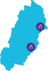 Stiliserad karta över Region Norr med markörer för var kontoren är placerade